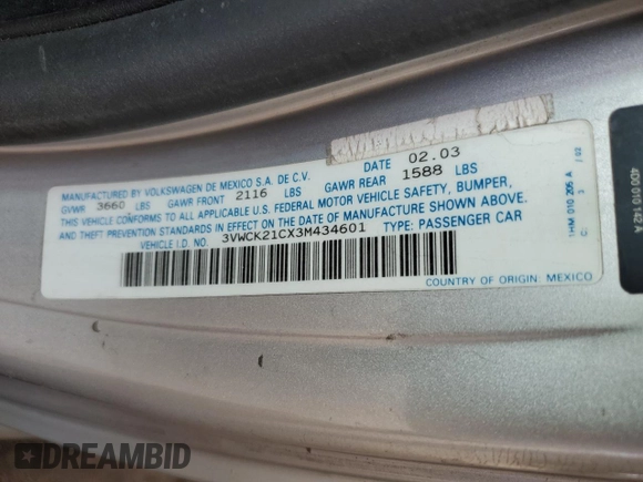 2003 Volkswagen Beetle GLS z VIN 3VWCK21CX3M434601, wystawiony jako Copart lot #44244875 z przebiegiem 77 888 mil mil oraz Szkoda całkowita • Salvage title. Historia ofert i sprzedaży dostępna na DreamBid. Obrazek 12.