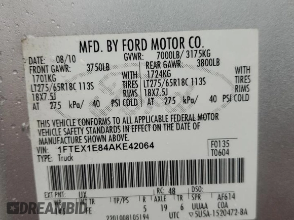 2010 Ford F-150 XL with VIN 1FTEX1E84AKE42064, listed as a Copart auction lot 52112005 with 181,954 mi miles and Clean Title. Bid and sale history available at carsss.com. Image 13.