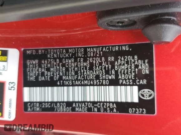 2021 Toyota Camry XSE z VIN 4T1K61AK4MU495780, wystawiony jako Copart lot #54576745 z przebiegiem 24 603 mil mil oraz Szkoda całkowita • Salvage title. Historia ofert i sprzedaży dostępna na DreamBid. Obrazek 12.