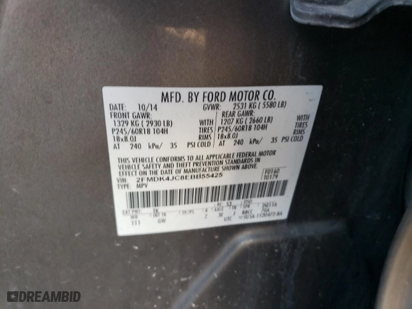 2014 Ford Edge SEL with VIN 2FMDK4JC8EBB55425, listed as a Copart auction lot 48813805 with 210,560 mi miles and Salvage Title. Bid and sale history available at carsss.com. Image 14.
