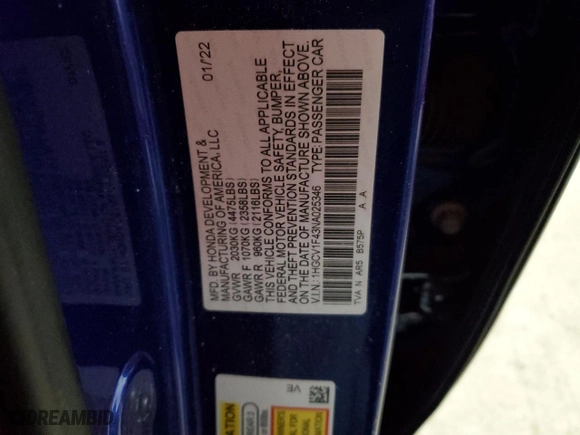 2022 Honda Accord Sedan Sport SE with VIN 1HGCV1F43NA025346, listed as a Copart auction lot 46184645 with 0 mi miles and Salvage Title. Bid and sale history available at carsss.com. Image 13.