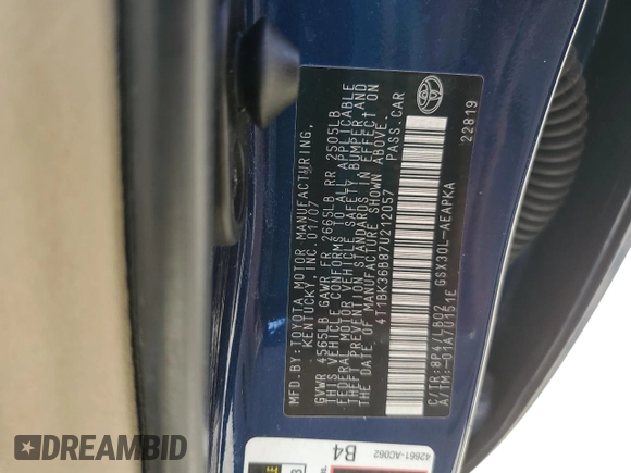 2007 Toyota Avalon XL with VIN 4T1BK36B87U212057, listed as a Copart auction lot 53195565 with 250,635 mi miles and Clean Title. Bid and sale history available at DreamBid. Image 12.