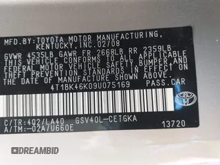 2009 Toyota Camry LE with VIN 4T1BK46K09U075169, listed as a IAAI auction lot 39169852 with 211,105 mi miles. Bid and sale history available at carsss.com. Image 9.