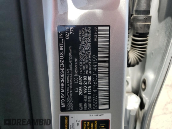 2016 Mercedes-Benz C 300 with VIN 55SWF4JB6GU144159, listed as a Copart auction lot 57174505 with 84,837 mi miles and Salvage title. Bid and sale history available at DreamBid. Image 12.