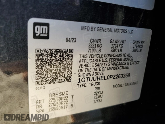 2023 GMC Sierra 1500 Denali Ultimate with VIN 1GTUUHEL0PZ263358, listed as a Copart auction lot 80246964 with 25,823 mi miles and Salvage Title. Bid and sale history available at carsss.com. Image 14.