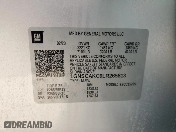 2020 Chevrolet Tahoe LS with VIN 1GNSCAKC9LR265813, listed as a Copart auction lot 51955445 with 63,647 mi miles and Salvage title. Bid and sale history available at DreamBid. Image 13.