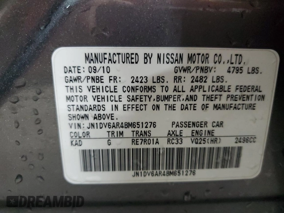 2011 Infiniti G25 x with VIN JN1DV6AR4BM651276, listed as a Copart auction lot 43564085 with 132,576 mi miles and Salvage Title. Bid and sale history available at DreamBid. Image 12.