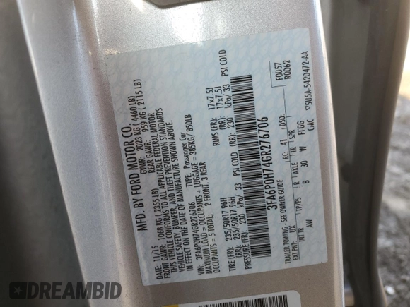 2016 Ford Fusion SE with VIN 3FA6P0H74GR276706, listed as a Copart auction lot 52832945 with 179,910 mi miles and Salvage Title. Bid and sale history available at DreamBid. Image 14.