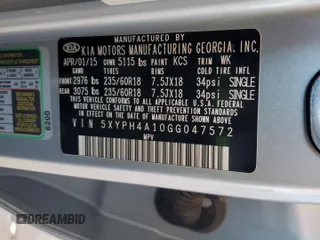 2016 Kia Sorento EX with VIN 5XYPH4A10GG047572, listed as a Copart auction lot 62386285 with 26,705 mi miles and Salvage title. Bid and sale history available at DreamBid. Image 13.