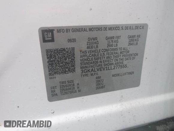 2020 GMC Terrain SLT with VIN 3GKALVEV1LL277555, listed as a IAAI auction lot 42408919 with 70,173 mi miles and . Bid and sale history available at DreamBid. Image 1.