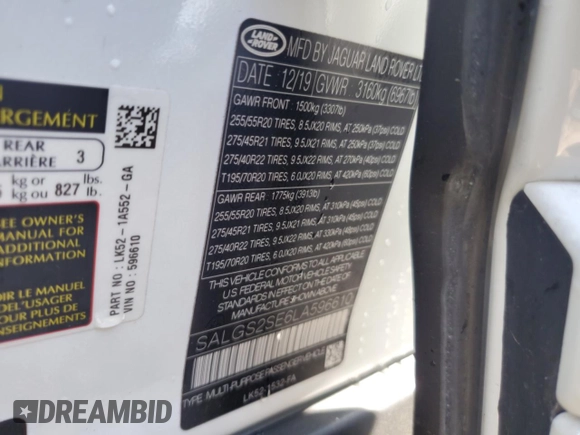 2020 Land Rover Range Rover P525 HSE with VIN SALGS2SE6LA596610, listed as a Copart auction lot 61642135 with 31,829 mi miles and Salvage title. Bid and sale history available at DreamBid. Image 12.