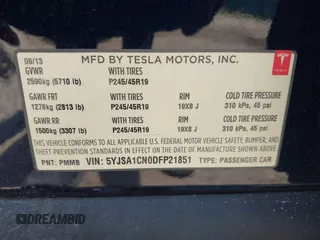 2013 Tesla Model S with VIN 5YJSA1CN0DFP21851, listed as a IAAI auction lot 42557791 with 106,328 mi miles and . Bid and sale history available at DreamBid. Image 9.
