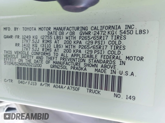 2009 Toyota Tacoma z VIN 5TEMU52N99Z621200, wystawiony jako IAAI lot #41318515 z przebiegiem 157 034 mil mil oraz . Historia ofert i sprzedaży dostępna na DreamBid. Obrazek 9.