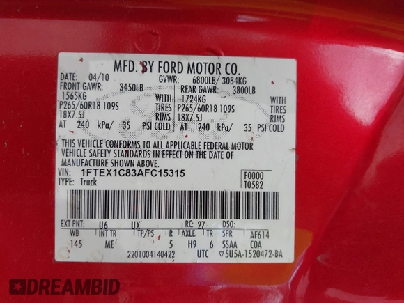 2010 Ford F-150 XL with VIN 1FTEX1C83AFC15315, listed as a IAAI auction lot 41916777 with 196,131 mi miles. Bid and sale history available at carsss.com. Image 9.