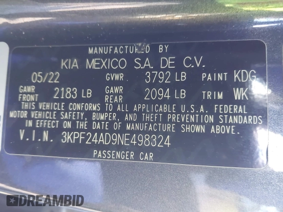 2022 Kia Forte LXS with VIN 3KPF24AD9NE498324, listed as a IAAI auction lot 41656873 with 53,604 mi miles. Bid and sale history available at carsss.com. Image 9.