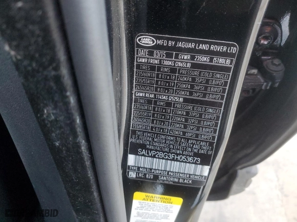 2015 Land Rover Range Rover Evoque Pure Plus with VIN SALVP2BG3FH053673, listed as a Copart auction lot 84038164 with 43,240 mi miles and Salvage Title. Bid and sale history available at carsss.com. Image 14.