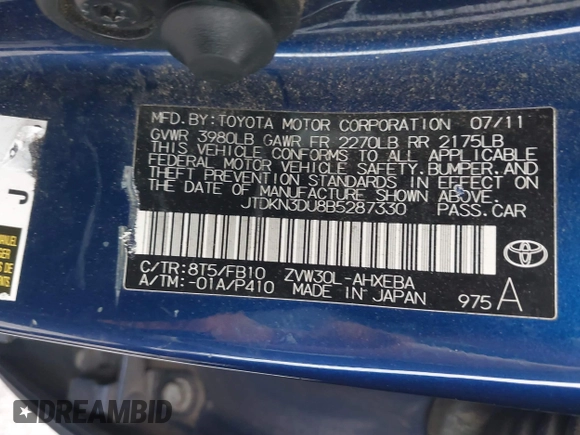 2011 Toyota Prius I with VIN JTDKN3DU8B5287330, listed as a IAAI auction lot 41892691 with 210,703 mi miles. Bid and sale history available at carsss.com. Image 9.