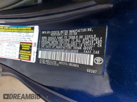 2008 Toyota Solara SE with VIN 4T1FA38P48U148999, listed as a Copart auction lot 56998485 with 101,594 mi miles and Clean Title. Bid and sale history available at DreamBid. Image 12.