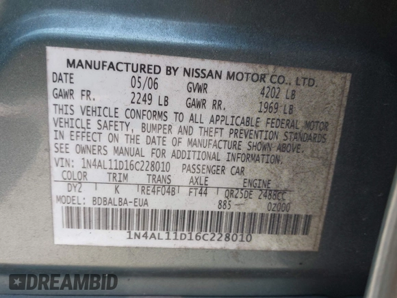 2006 Nissan Altima 2.5 S with VIN 1N4AL11D16C228010, listed as a IAAI auction lot 41893733 with 1 mi miles. Bid and sale history available at carsss.com. Image 9.
