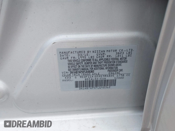 2015 Nissan Sentra SR with VIN 3N1AB7AP4FL648362, listed as a IAAI auction lot 42010300 with 162,834 mi miles and . Bid and sale history available at DreamBid. Image 9.