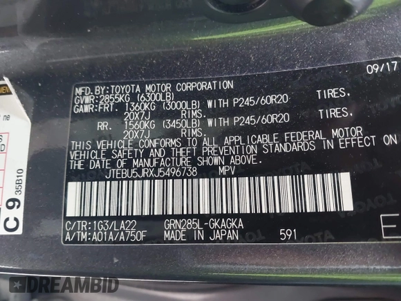 2018 Toyota 4Runner SR5 with VIN JTEBU5JRXJ5496738, listed as a IAAI auction lot 41846428 with 143,870 mi miles. Bid and sale history available at carsss.com. Image 9.