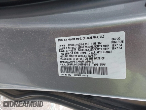 2021 Honda Odyssey Touring with VIN 5FNRL6H82MB009480, listed as a IAAI auction lot 41728056 with 84,577 mi miles. Bid and sale history available at carsss.com. Image 9.