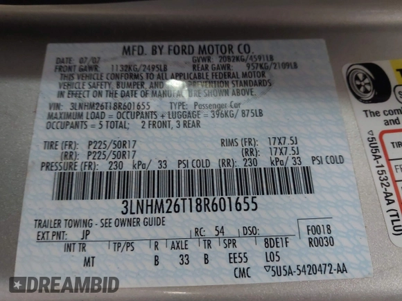 2008 Lincoln MKZ z VIN 3LNHM26T18R601655, wystawiony jako IAAI lot #41463649 z przebiegiem 101 486 mil mil oraz . Historia ofert i sprzedaży dostępna na DreamBid. Obrazek 9.