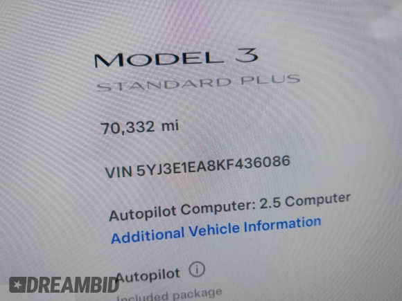 2019 Tesla Model 3 Mid Range with VIN 5YJ3E1EA8KF436086, listed as a IAAI auction lot 41682093 with 70,332 mi miles and . Bid and sale history available at DreamBid. Image 7.
