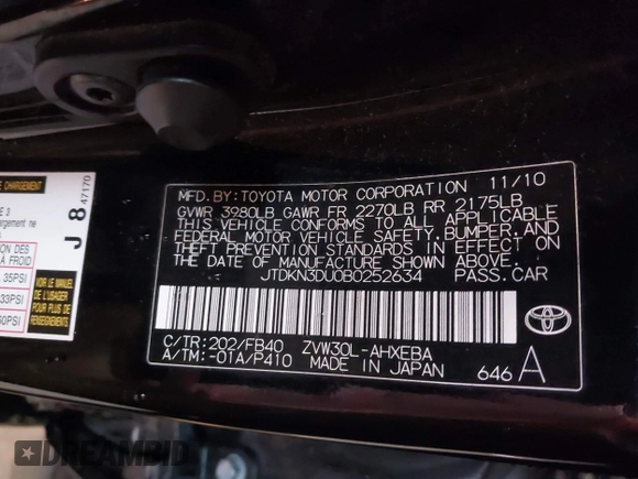 2011 Toyota Prius I with VIN JTDKN3DU0B0252634, listed as a IAAI auction lot 41769304 with 156,182 mi miles. Bid and sale history available at carsss.com. Image 9.