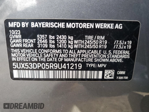 2024 BMW X3 xDrive30i z VIN 5UX53DP05R9U41219, wystawiony jako Copart lot #48721725 z przebiegiem Nie podano mil oraz Nie do naprawy • Non repairable. Historia ofert i sprzedaży dostępna na DreamBid. Obrazek 15.