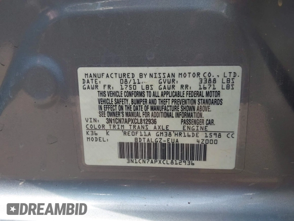 2012 Nissan Versa SV with VIN 3N1CN7APXCL812936, listed as a IAAI auction lot 42533280 with 78,071 mi miles and . Bid and sale history available at DreamBid. Image 9.