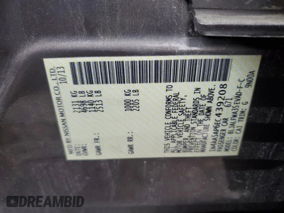 2014 Nissan Maxima SV z VIN 1N4AA5AP6EC439208, wystawiony jako Copart lot #55628955 z przebiegiem 167 773 mil mil oraz Szkoda całkowita • Salvage title. Historia ofert i sprzedaży dostępna na DreamBid. Obrazek 12.