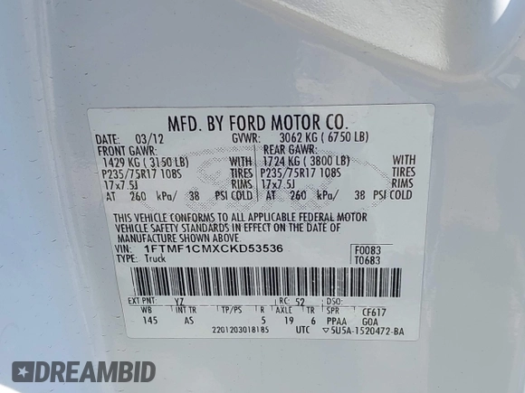 2012 Ford F-150 XL с VIN 1FTMF1CMXCKD53536, выставлен на аукционе IAAI как лот 42354374 с пробегом 303 651 миль миль и . История ставок и продаж доступна на DreamBid. Изображение 9.