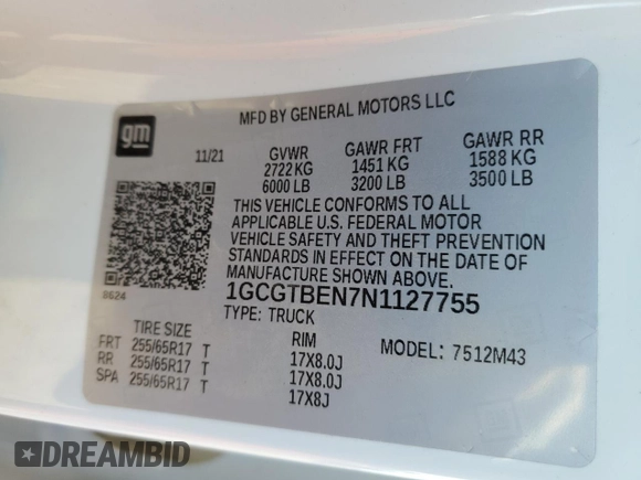 2022 Chevrolet Colorado 4WD Work Truck with VIN 1GCGTBEN7N1127755, listed as a Copart auction lot 88403365 with 9,090 mi miles and Salvage title. Bid and sale history available at DreamBid. Image 12.