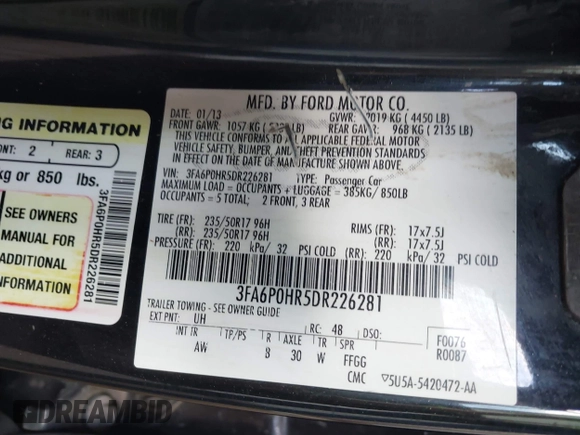 2013 Ford Fusion SE with VIN 3FA6P0HR5DR226281, listed as a IAAI auction lot 42327589 with 145,345 mi miles and . Bid and sale history available at DreamBid. Image 9.