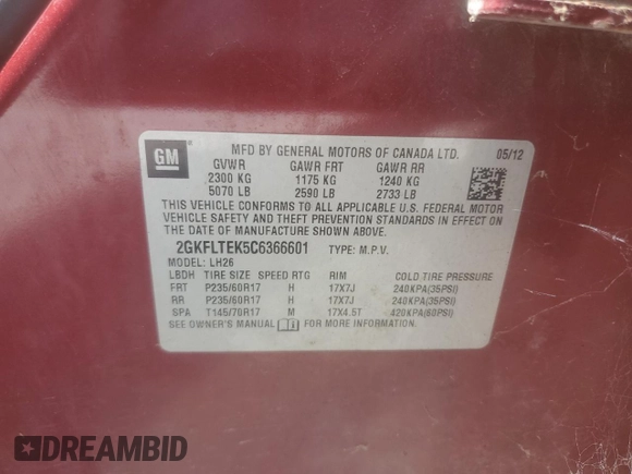 2012 GMC Terrain SLE-2 with VIN 2GKFLTEK5C6366601, listed as a Copart auction lot 63931405 with 278,262 mi miles and Clean title. Bid and sale history available at DreamBid. Image 13.