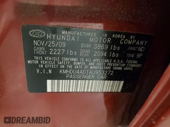 2010 Hyundai Elantra GLS z VIN KMHDU4AD1AU953272, wystawiony jako Copart lot #56724705 z przebiegiem 100 063 mil mil oraz Szkoda całkowita • Salvage title. Historia ofert i sprzedaży dostępna na DreamBid. Obrazek 12.