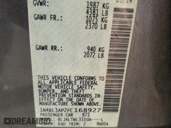 2015 Nissan Altima SL с VIN 1N4BL3AP2FC168927, выставлен на аукционе Copart как лот 85162014 с пробегом 91 623 миль миль и Списание • Salvage title. История ставок и продаж доступна на DreamBid. Изображение 14.