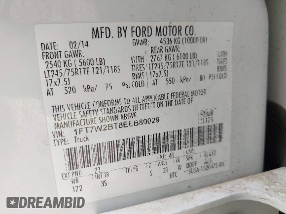2014 Ford F-250 XL with VIN 1FT7W2BT8EEB80029, listed as a IAAI auction lot 42494996 with 249,063 mi miles and . Bid and sale history available at DreamBid. Image 9.