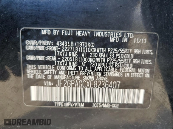 2014 Subaru Crosstrek Limited z VIN JF2GPAGCXE8236407, wystawiony jako Copart lot #54816965 z przebiegiem 118 264 mil mil oraz Szkoda całkowita • Salvage title. Historia ofert i sprzedaży dostępna na DreamBid. Obrazek 13.