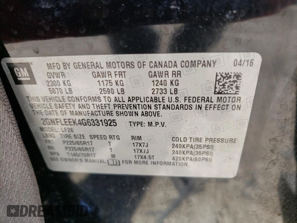 2016 Chevrolet Equinox LS with VIN 2GNFLEEK4G6331925, listed as a Copart auction lot 48360075 with 116,673 mi miles and Salvage Title. Bid and sale history available at carsss.com. Image 13.