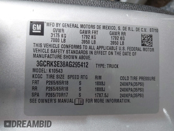 2010 Chevrolet Silverado 1500 LT with VIN 3GCRKSE38AG295412, listed as a IAAI auction lot 42042720 with 170,875 mi miles and . Bid and sale history available at DreamBid. Image 9.