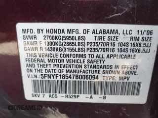 2007 Honda Pilot EX-L with VIN 5FNYF18547B006094, listed as a IAAI auction lot 42297719 with 235,632 mi miles and . Bid and sale history available at DreamBid. Image 9.
