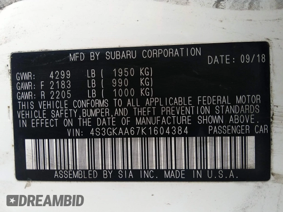2019 Subaru Impreza with VIN 4S3GKAA67K1604384, listed as a IAAI auction lot 39202404 with 47,000 mi miles and . Bid and sale history available at DreamBid. Image 9.
