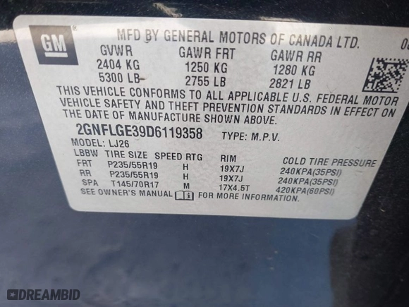2013 Chevrolet Equinox LTZ with VIN 2GNFLGE39D6119358, listed as a IAAI auction lot 41631155 with 181,166 mi miles. Bid and sale history available at carsss.com. Image 9.