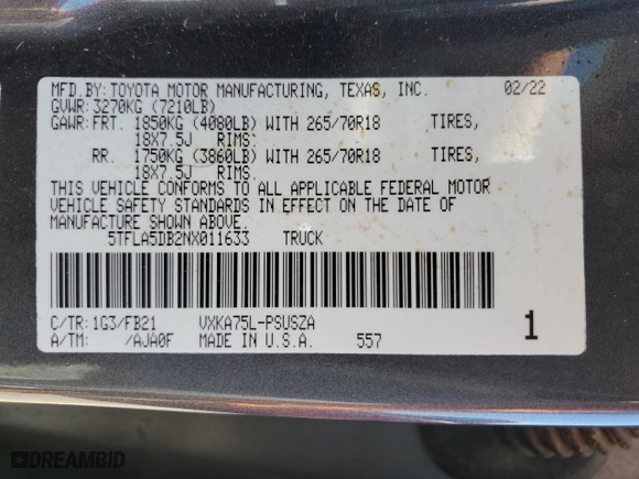 2022 Toyota Tundra 4WD SR5 with VIN 5TFLA5DB2NX011633, listed as a Copart auction lot 49884535 with 60,354 mi miles and Salvage Title. Bid and sale history available at carsss.com. Image 13.