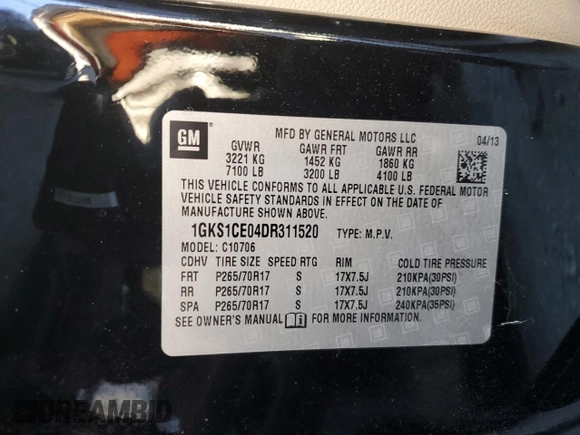 2013 GMC Yukon SLT with VIN 1GKS1CE04DR311520, listed as a Copart auction lot 76018564 with 103,436 mi miles and Salvage Title. Bid and sale history available at carsss.com. Image 13.