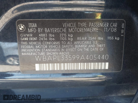 2009 BMW 3 Series 335i xDrive with VIN WBAPL33599A405440, listed as a IAAI auction lot 41736551 with 125,262 mi miles and . Bid and sale history available at DreamBid. Image 9.