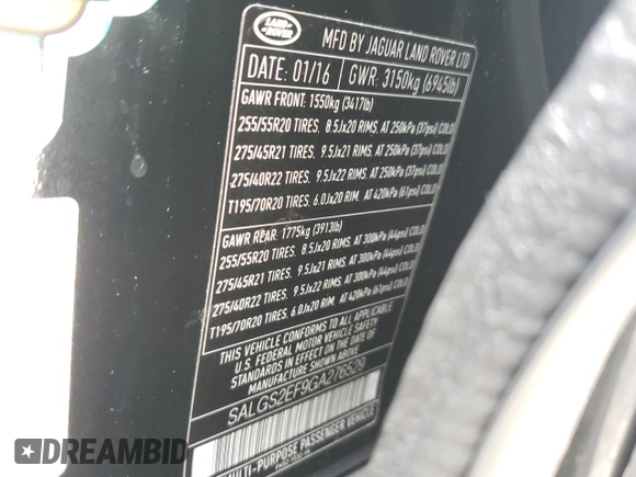 2016 Land Rover Range Rover Supercharged с VIN SALGS2EF9GA276529, выставлен на аукционе Copart как лот 59654875 с пробегом 100 379 миль миль и Списание • Salvage title. История ставок и продаж доступна на DreamBid. Изображение 13.