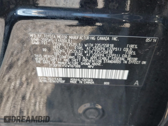2014 Toyota RAV4 Limited with VIN 2T3DFREV5EW187988, listed as a IAAI auction lot 42694259 with 124,859 mi miles and . Bid and sale history available at DreamBid. Image 9.
